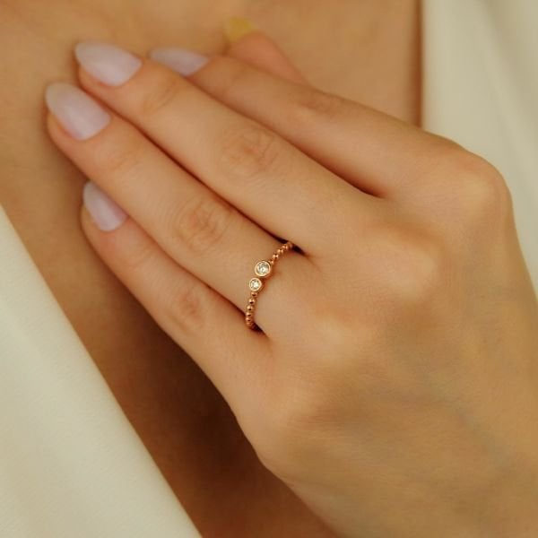 Taşlı Dorika Toplu Rose Gold Alyın Yüzük 14 Ayar
